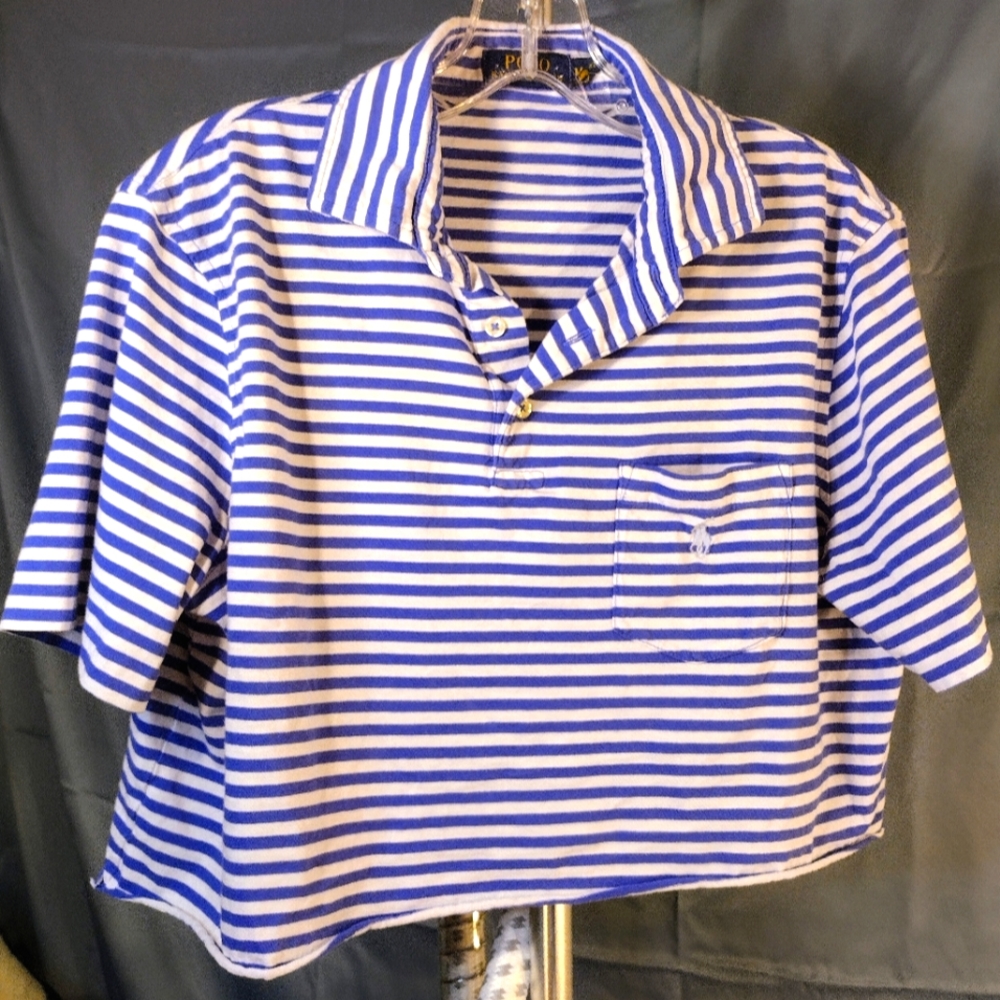 Polo Ralph Lauren Women Blue &White Stripe Cropped Top Short Sleeve B11